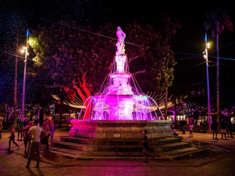 Photo de nuit de la fontaine de la place des cocotiers. La fontaine est illuminée à l'occasion des fêtes de fin d'année.