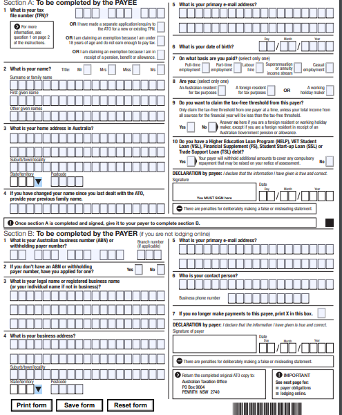 Formulaire pour du taxes en Australie