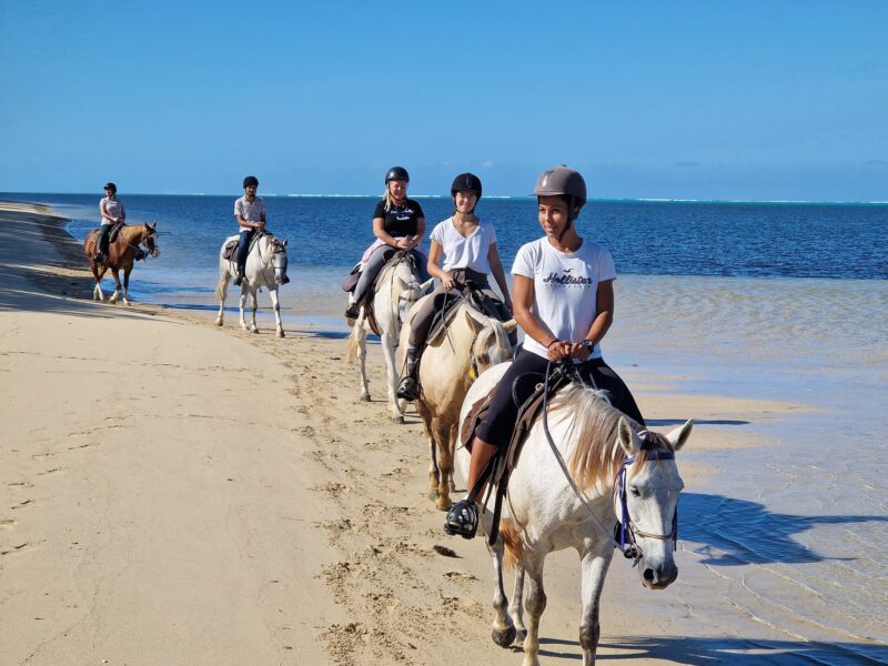 Photo de 5 personnes faisant une balade sur la plage de Poé à Bourail avec Far West Ranch Déva.