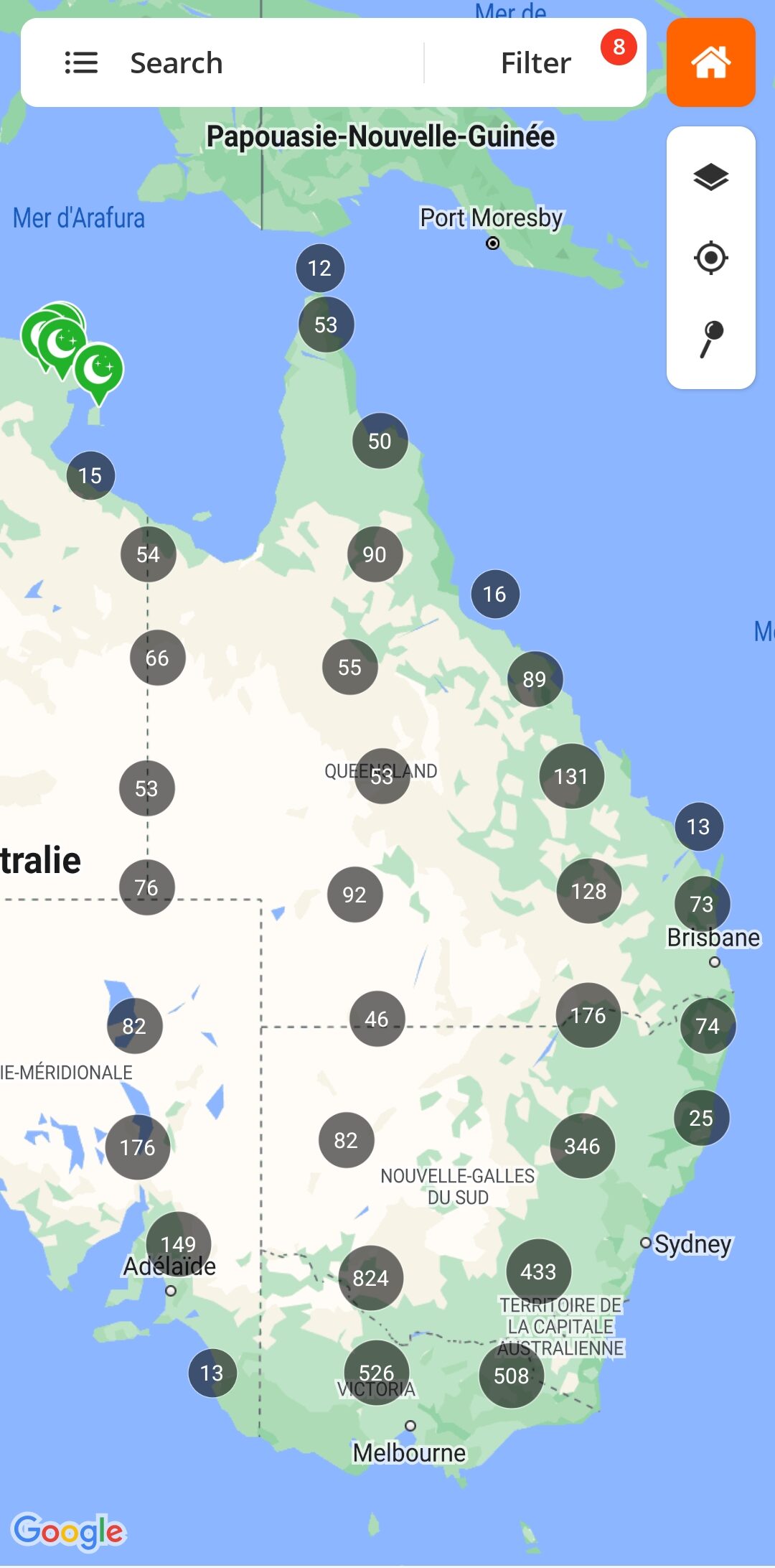 Carte des campings sur Wikicamps Australie