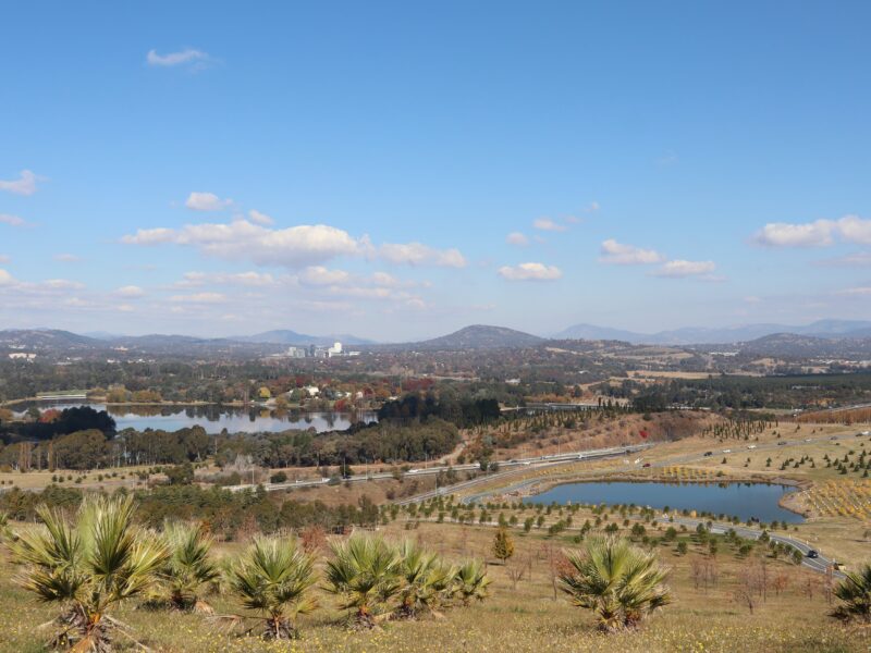 Vue sur Canberra depuis le National Arboretum en automne